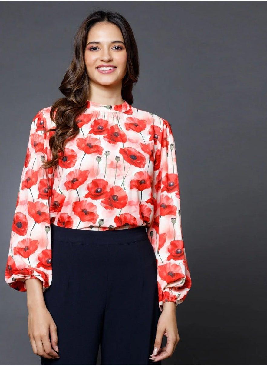 Long Sleeve Red Printed Blouse - Image 1