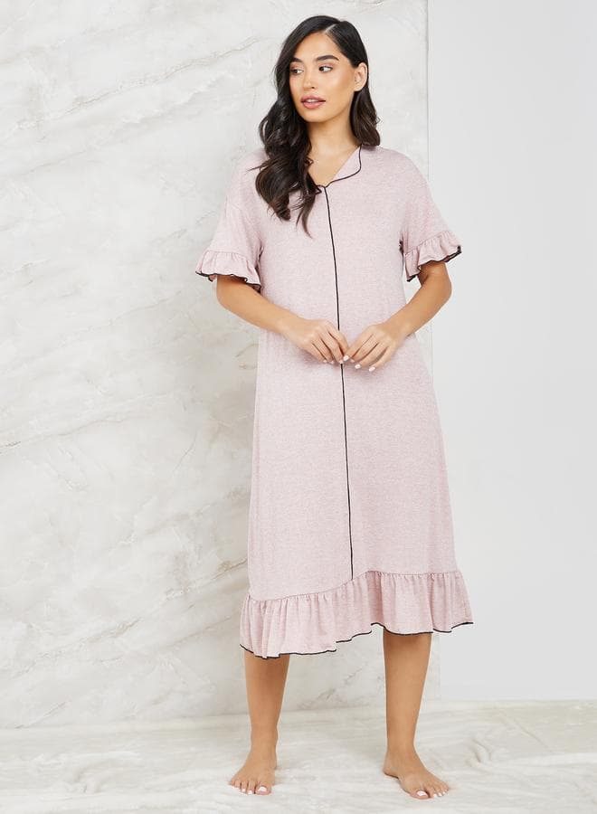 Styli Melange Contrast Edge Ruffle Hem Sleep Dress - Image 1