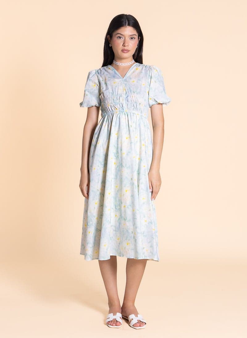 Pastel Blue Floral Midi Dress with V-Neckline - Image 1