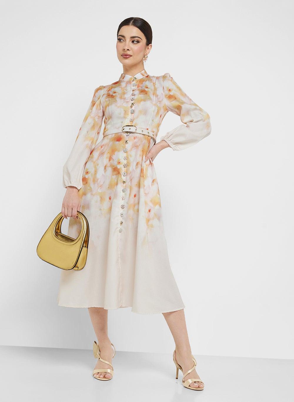Belted Floral Midi Dress with High Neckline - Image 1