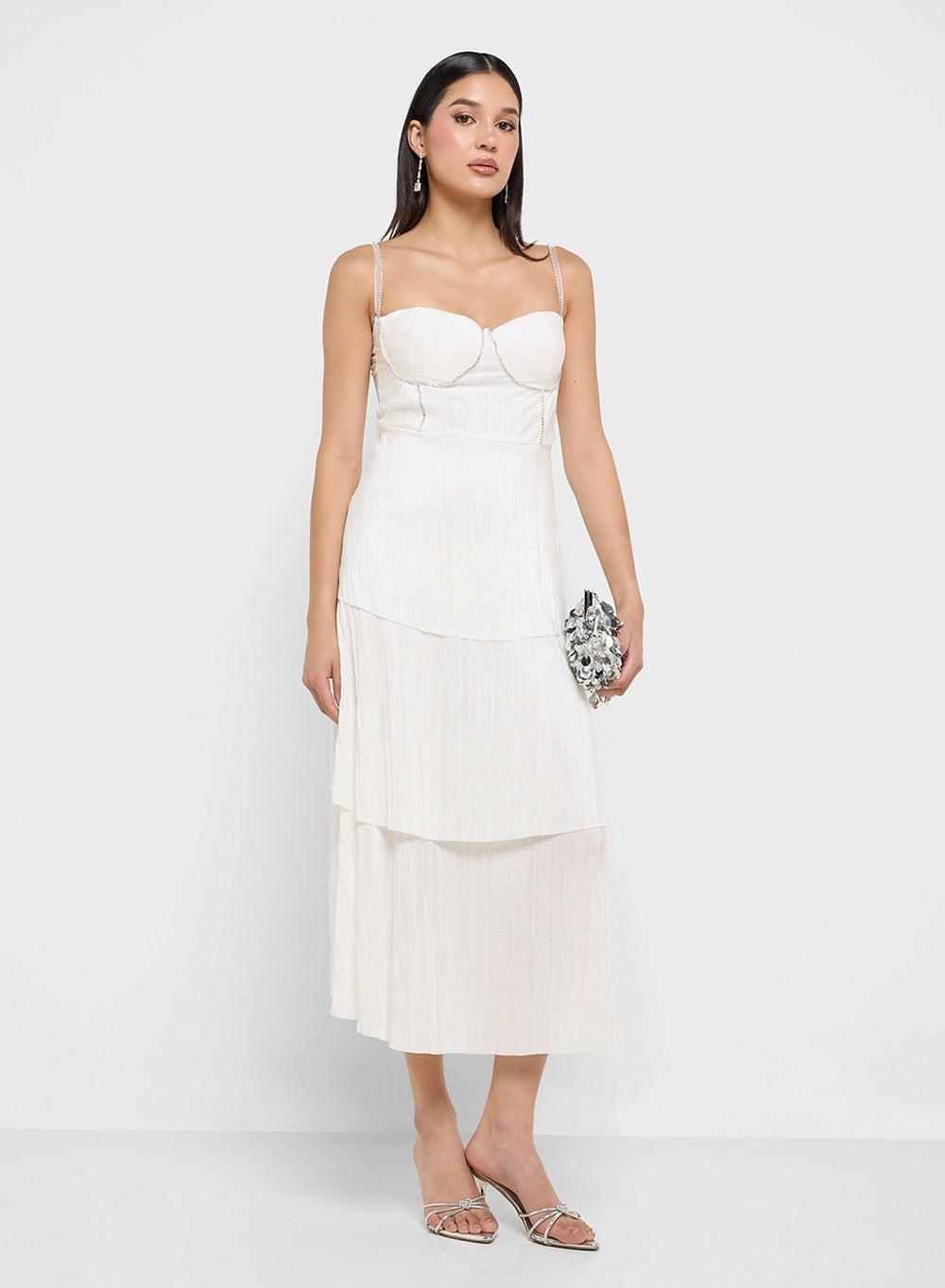 Tiered White Midi Dress with Bustier Bodice - Image 1