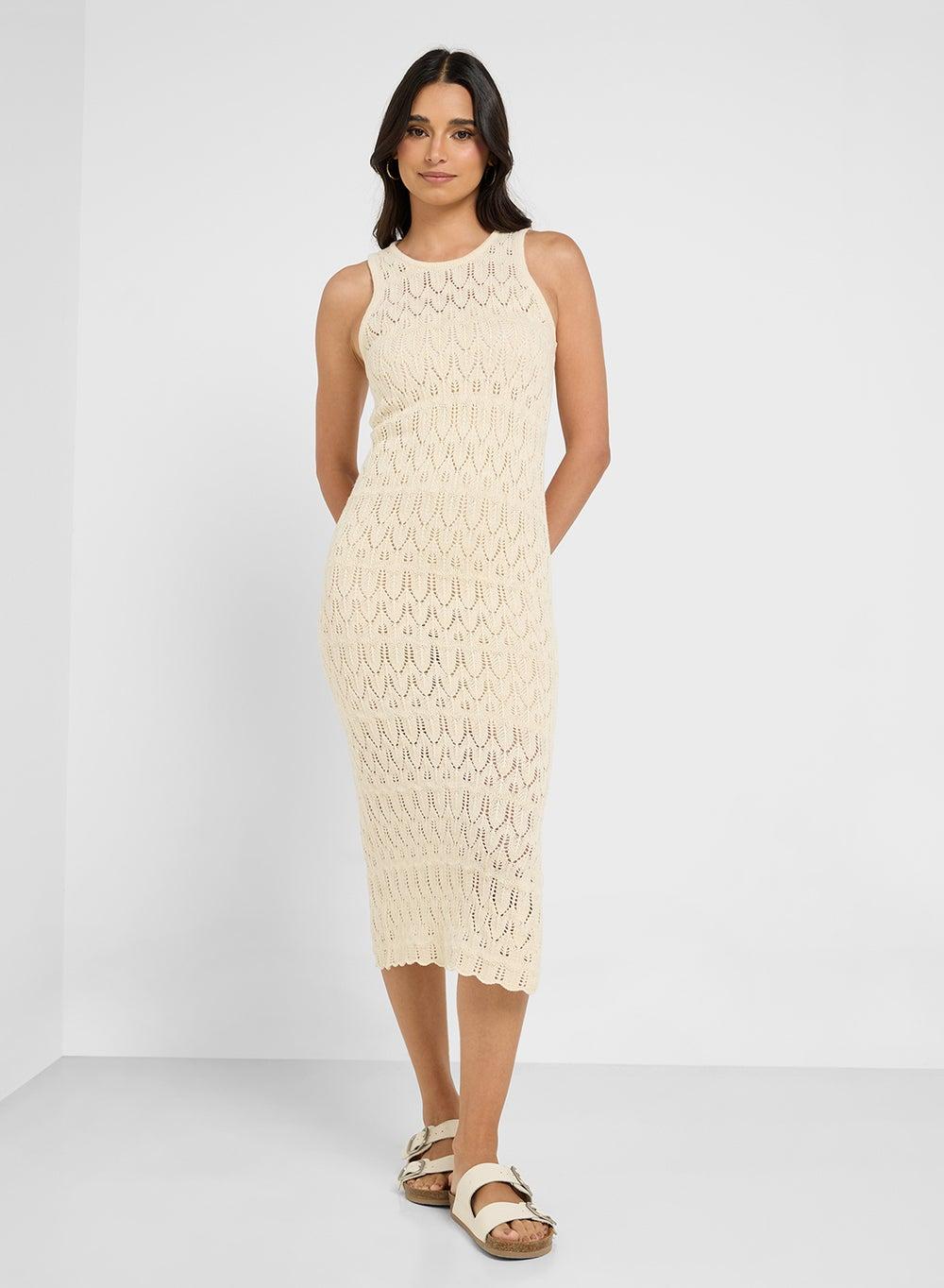Crochet Sleeveless Midi Dress in Cream - Image 1