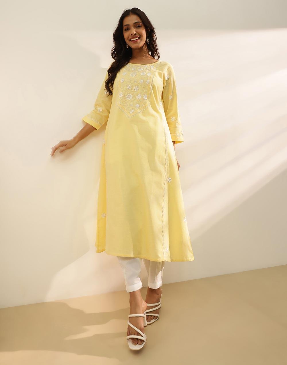 Yellow Cotton Chikankari Long Kurta - Image 1