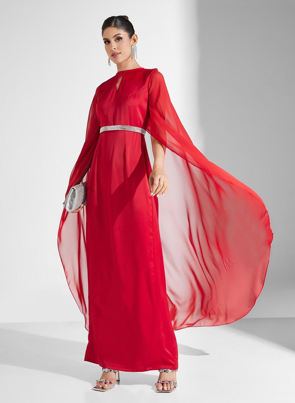 Red Cape Sleeve Gown Dress with Silver Belt - Image 1