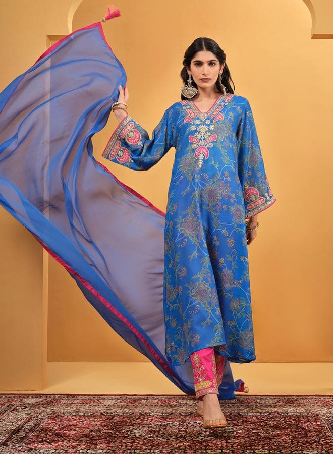 Blue Cotton Embellished Straight Fit 3 Piece Kurta Set - Image 1