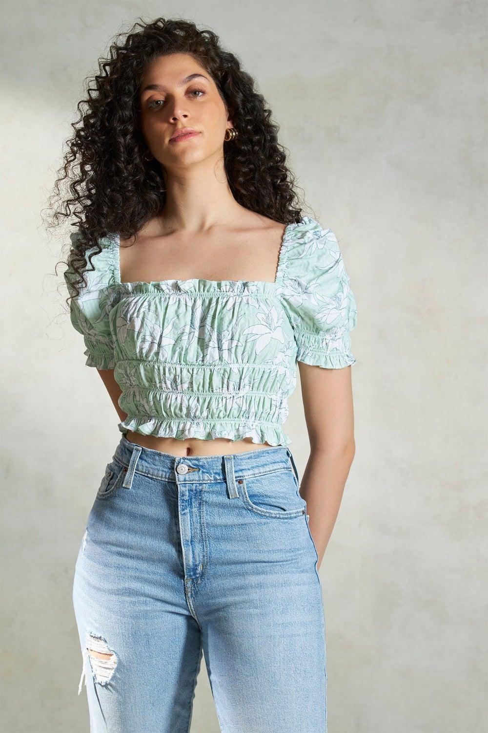 VIRGIO Green Floral 100% Cotton Bustier Crop Top - Image 1