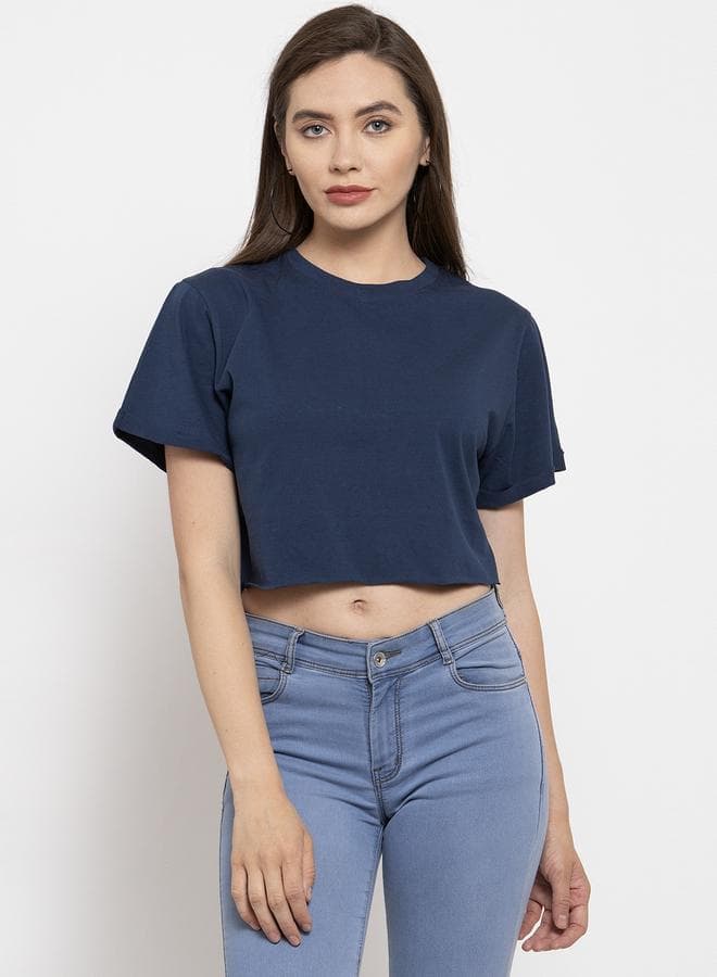 Navy Blue Cotton Crop T-Shirt - Image 1