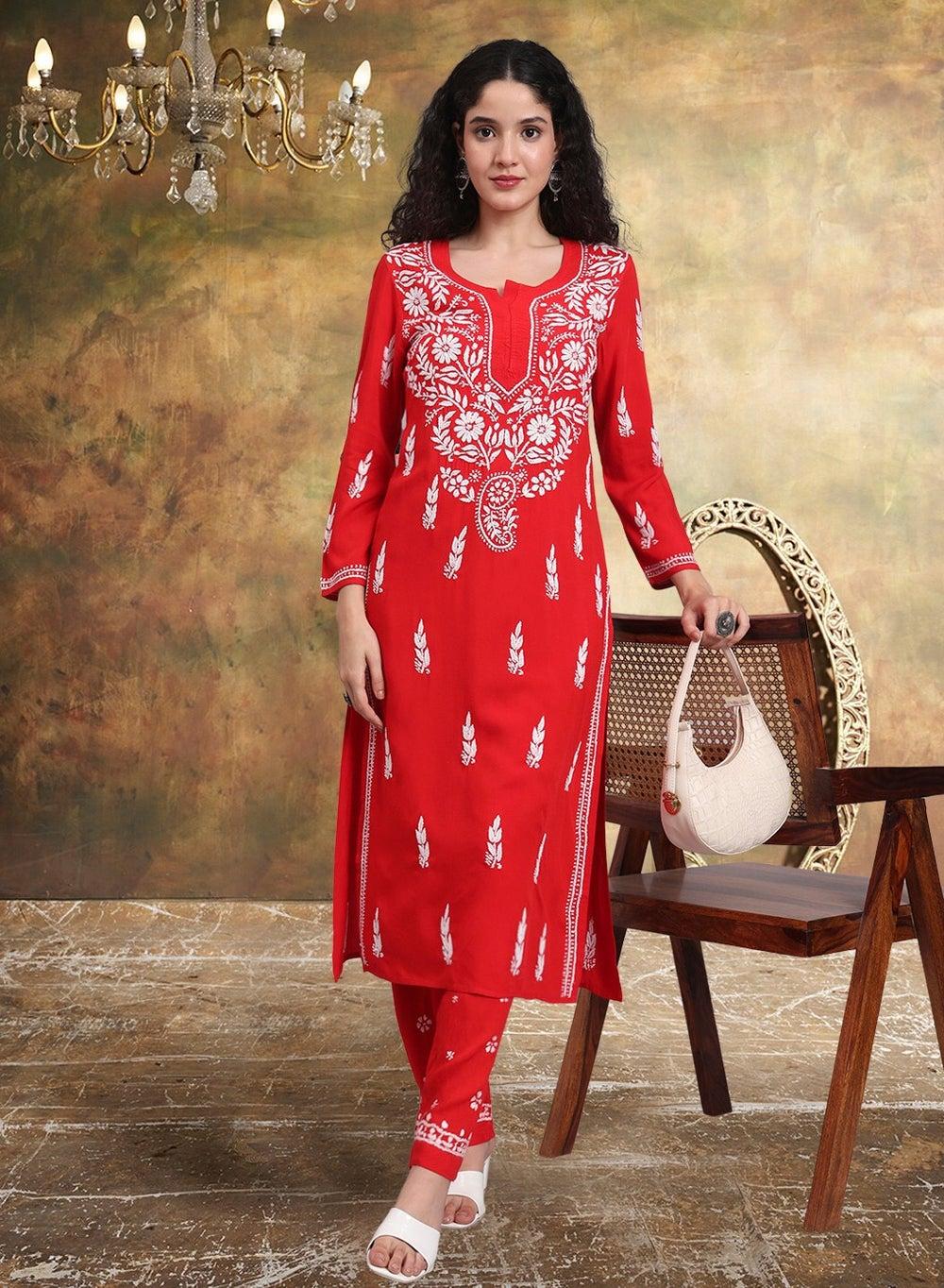 Hand Embroidered Chikankari Cotton Kurta Set AL3451KS - Image 1