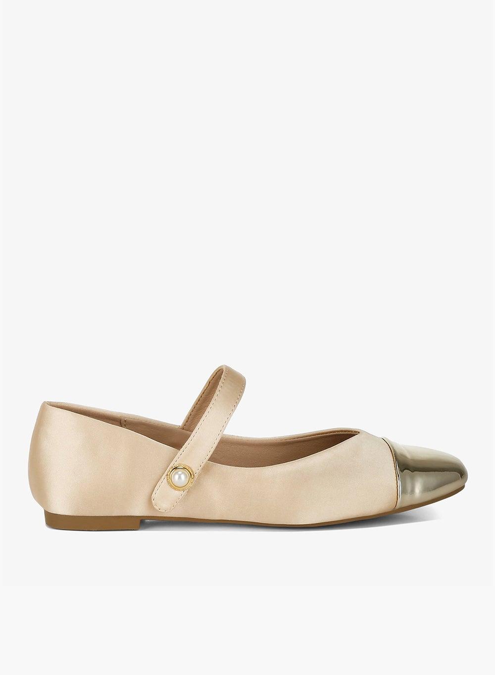 Gold Patent Toe Cap Satin Mary Jane Flats - Image 1