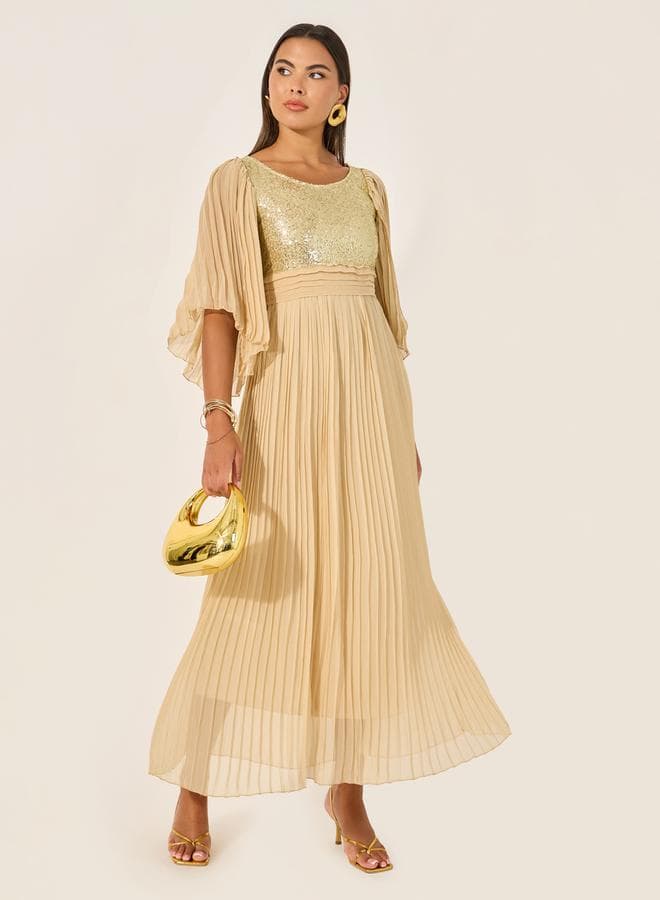 Sequin Bodice Midi Dress with Pleated Skirt - Image 1