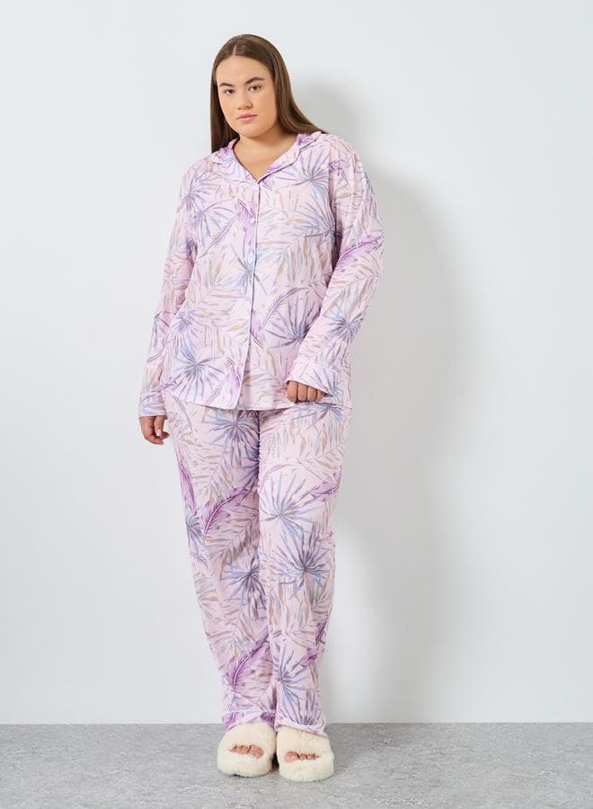 Styli Plus Size Tropical Print Long Pyjama Set - Image 1