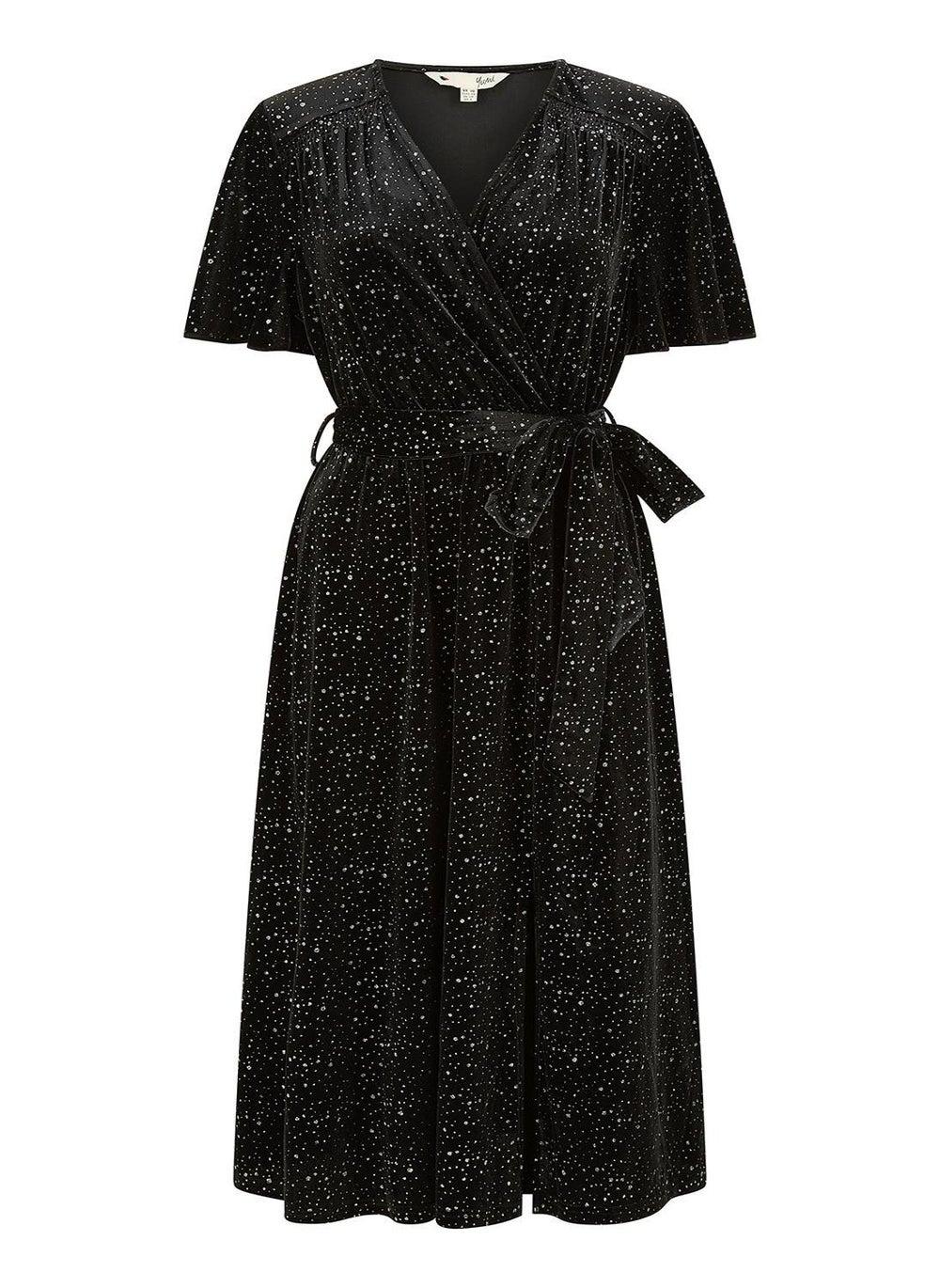 Velvet Starburst Black Midi Wrap Dress - Image 1