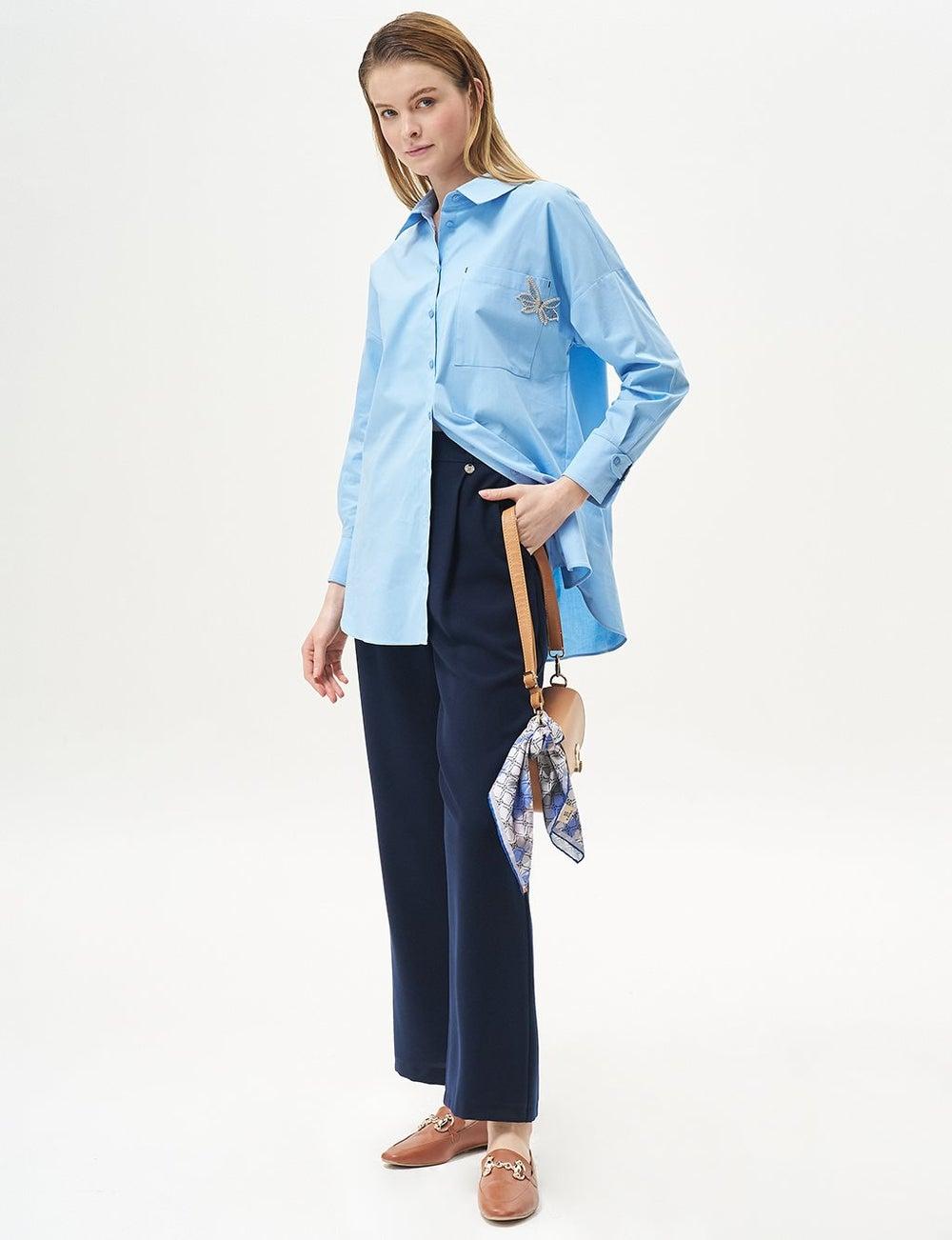 Navy Blue Pleated Pocket Detail Basic Pants - Image 1