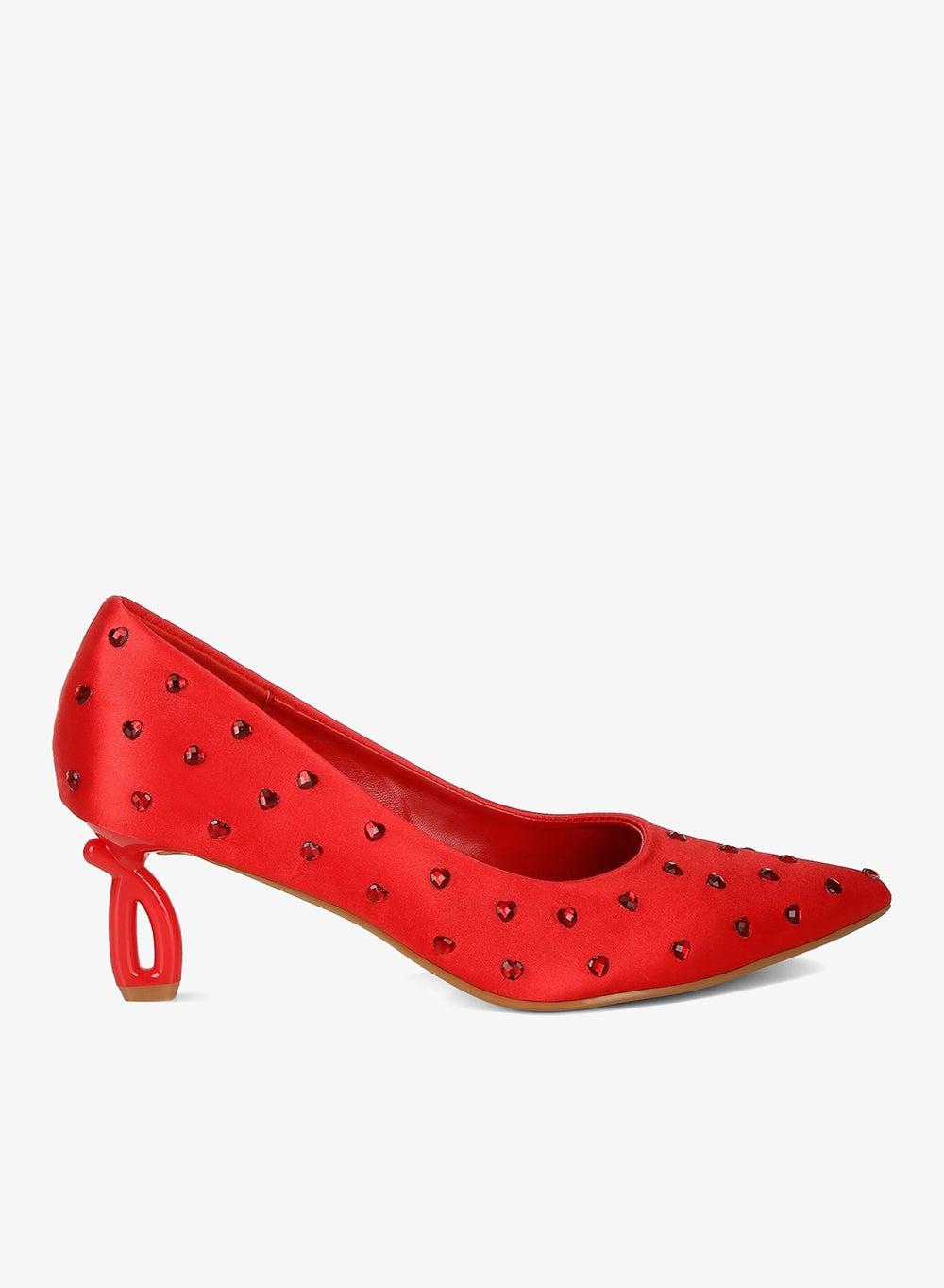 Red Heart-Shaped Rhinestone Satin Pumps - Image 1
