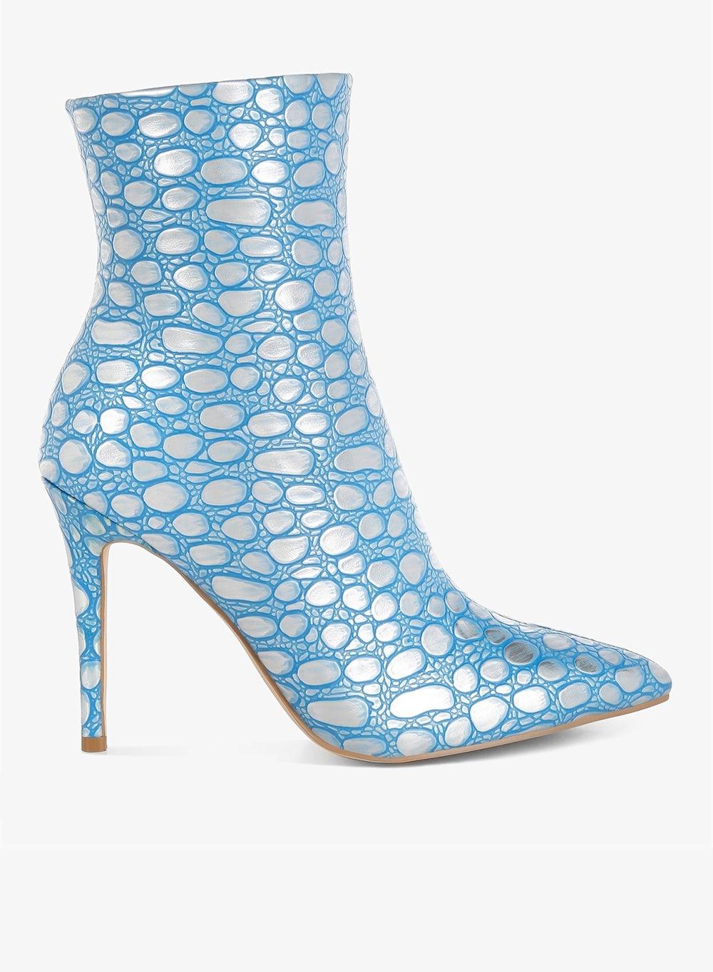 Blue Embossed Stiletto Heel Ankle Boots - Image 1