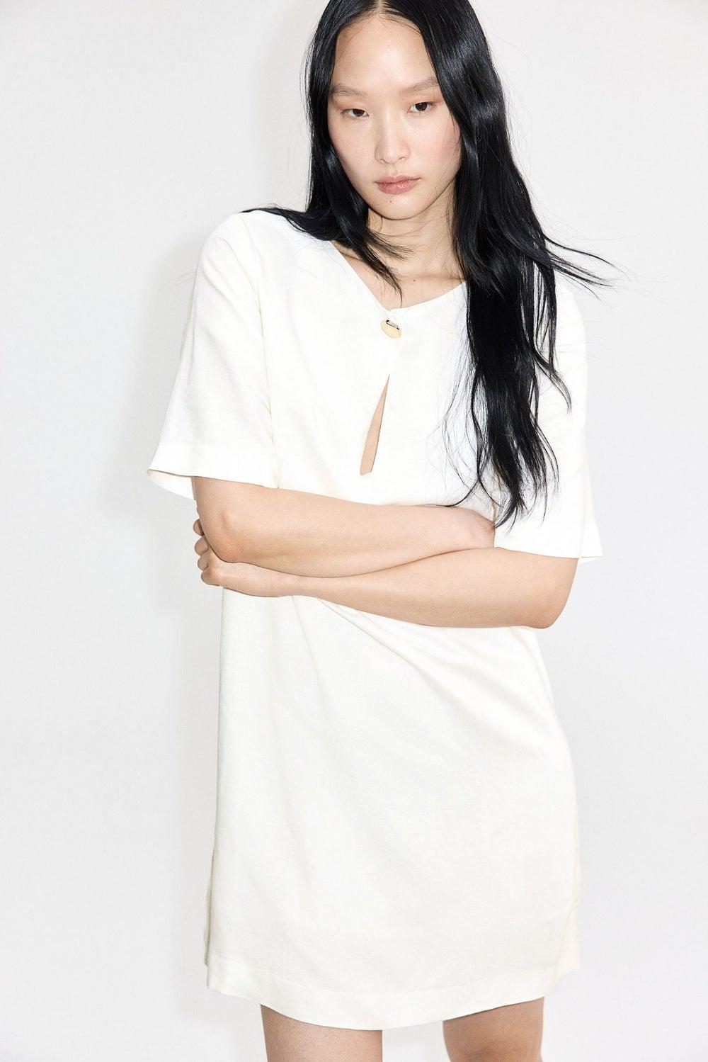 Linen-Blend A-Line Dress with Keyhole Detail - Image 1