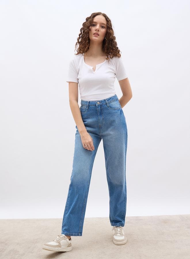 High Rise Straight Fit Faded Jeans - Image 1
