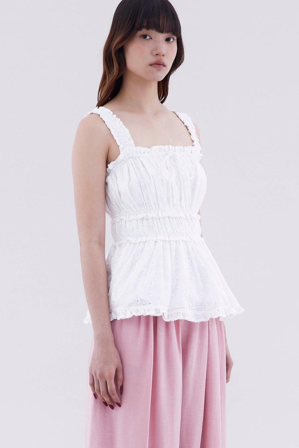 Varena Ruffle Trim Ruched Waist Cotton Top - Image 1