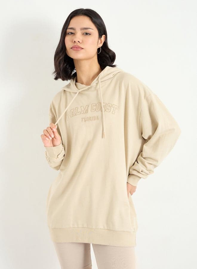 Styli Beige Embroidered Longline Hoodie - Image 1