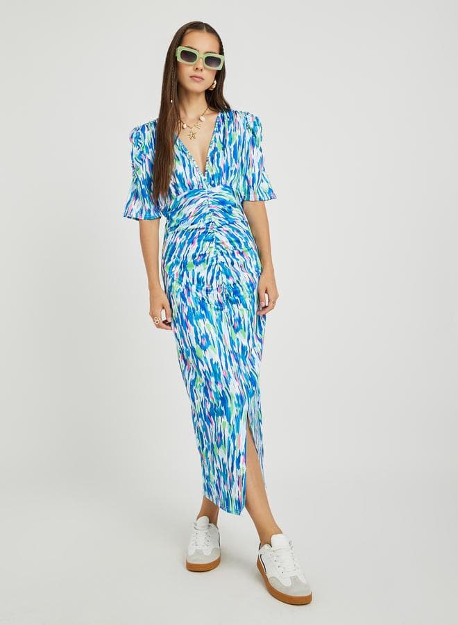 Watercolor Ruched Midi Dress with Slit - Image 1