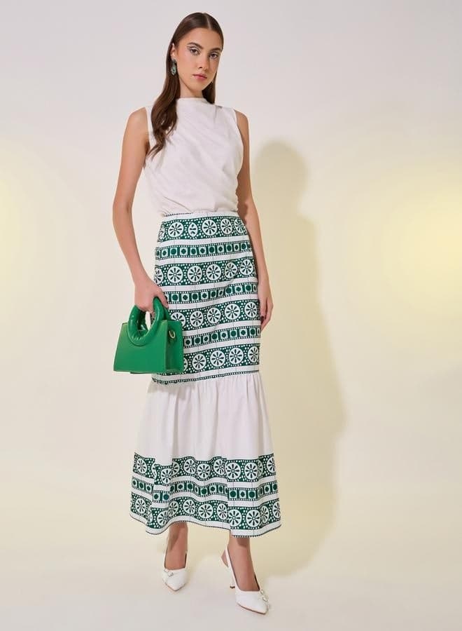 Printed Mid-Rise Ruffle Hem Midi Skirt - Image 1