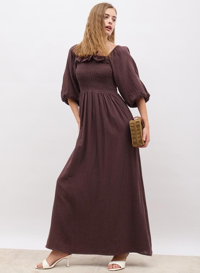 Ruffled Smocked Brown Maxi Dress - Image 1