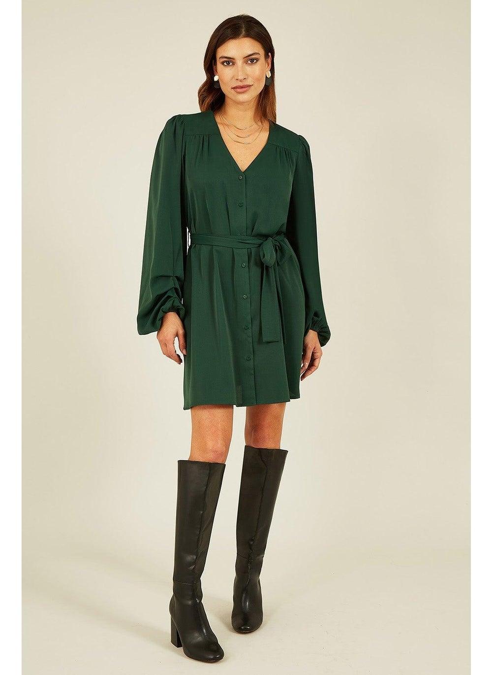 Belted Green Mini Dress with V-Neckline - Image 1