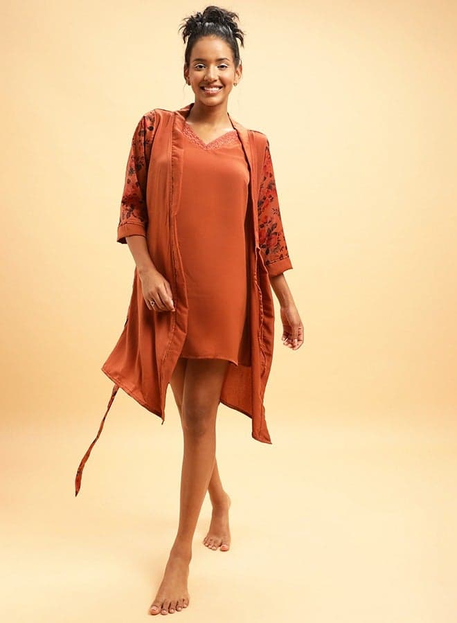 Clovia Chic Basic Satin Robe in Rust Brown - Image 1