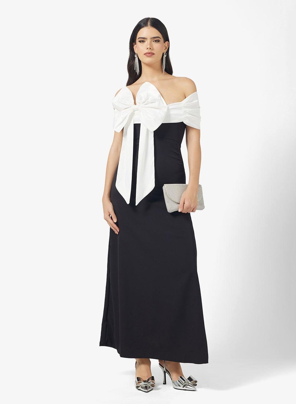 Contrast Toned Midi Dress With Back Bow Detail - Image 1
