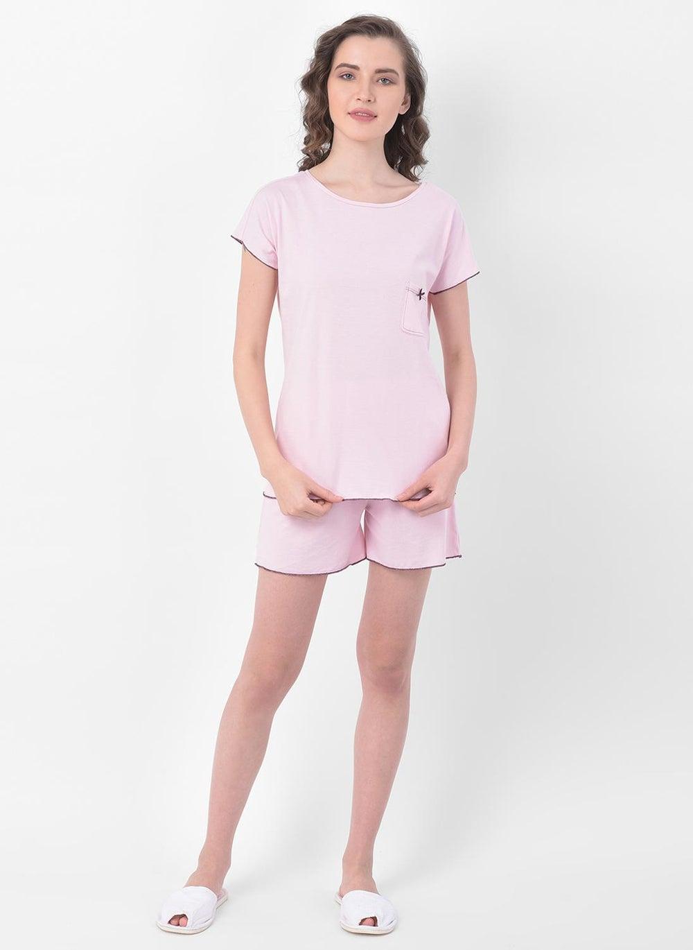 Clovia Chic Baby Pink Cotton Top & Shorts Set - Image 1