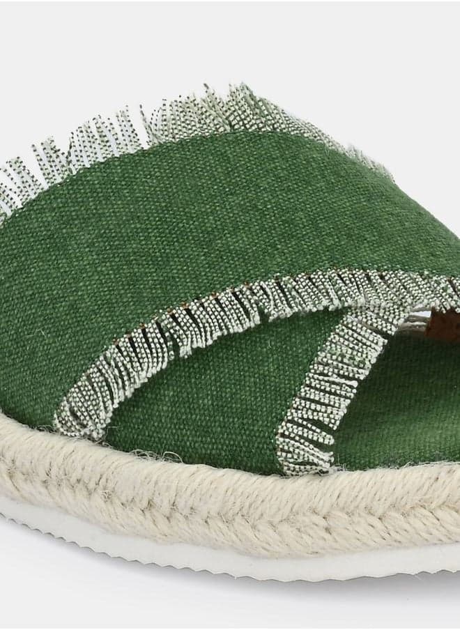 Frayed Trim Cross Strap Flat Espadrille Sandal - Image 1