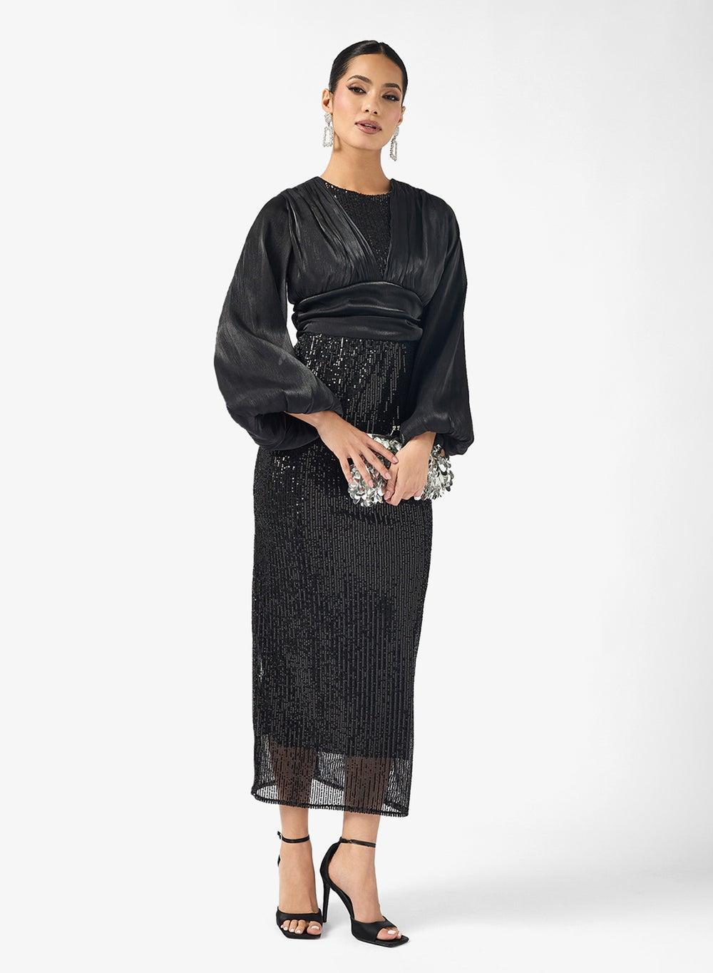 Shimmer Puff Sleeve Midi Dress - Image 1
