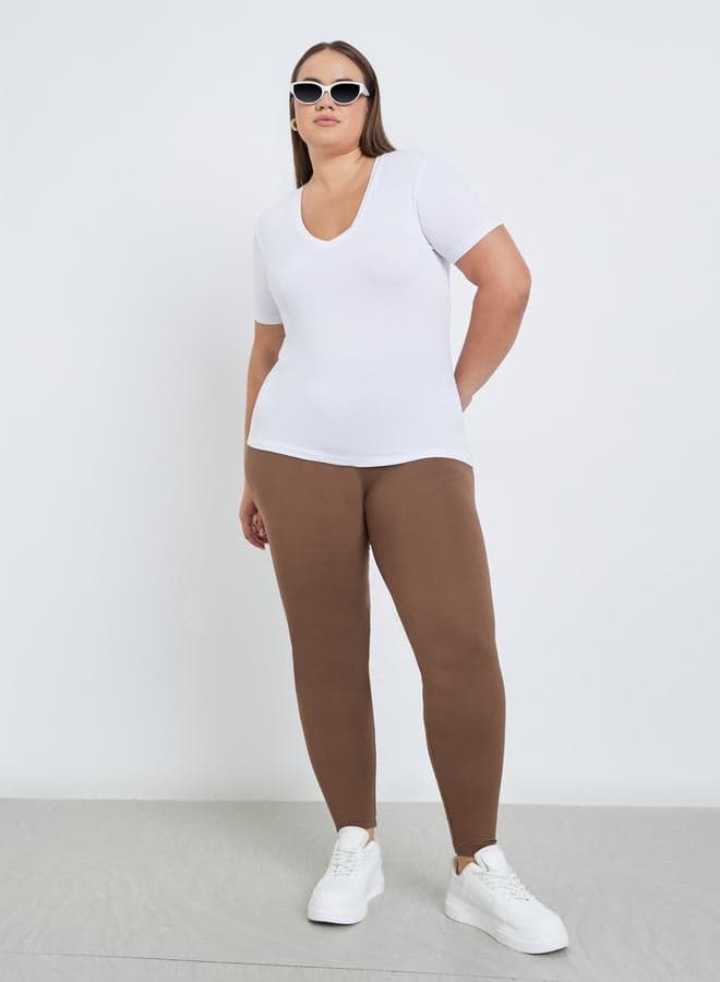Plus Size Brown Leggings with Elastic Waistband - Image 1