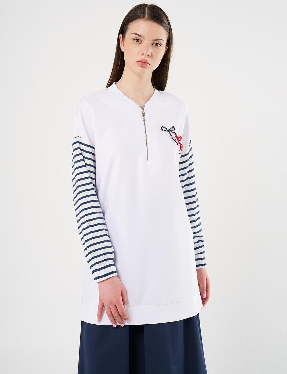 Bead Embellished Optical White Knit Tunic - Image 1
