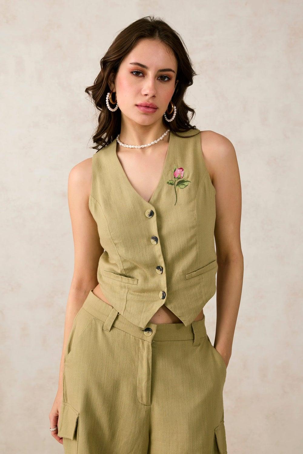 Virgio Women Olive V-Neck Embellished Sleeveless Crop Top - Image 1