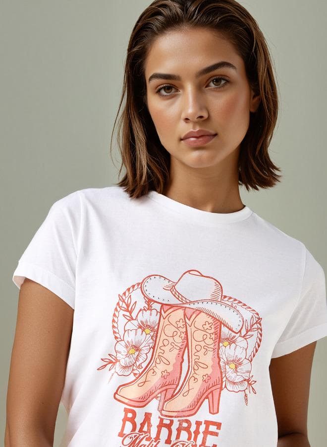 Barbie Print Cropped Crew Neck T-Shirt - Image 1