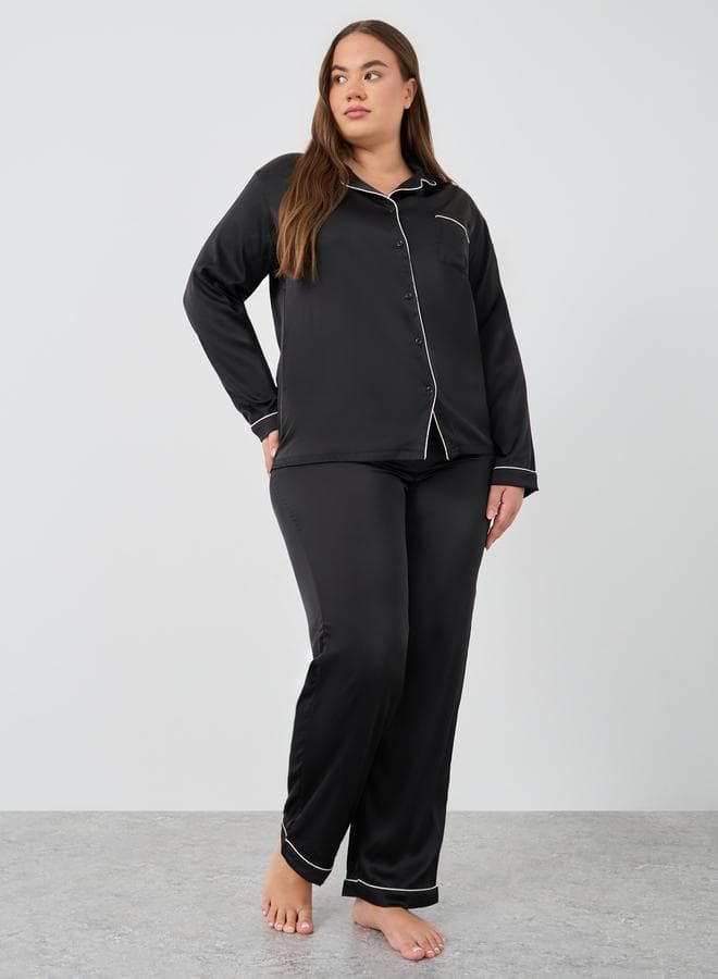 Plus Size Matte Satin Shirt and Pyjama Set - Image 1