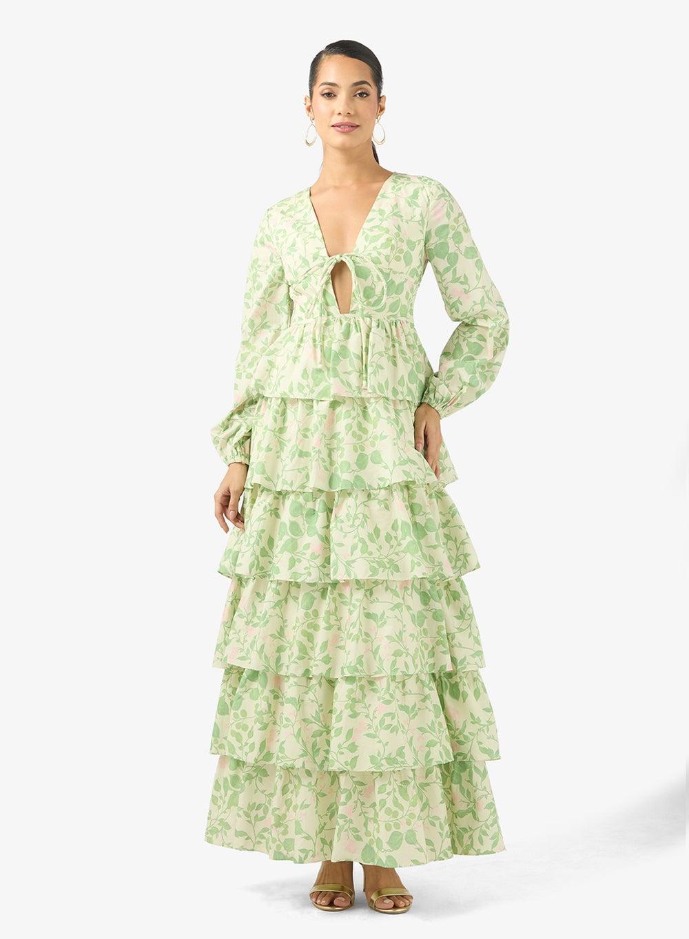 V-Neck Puff Sleeve Ruffle Maxi Dress - Image 1