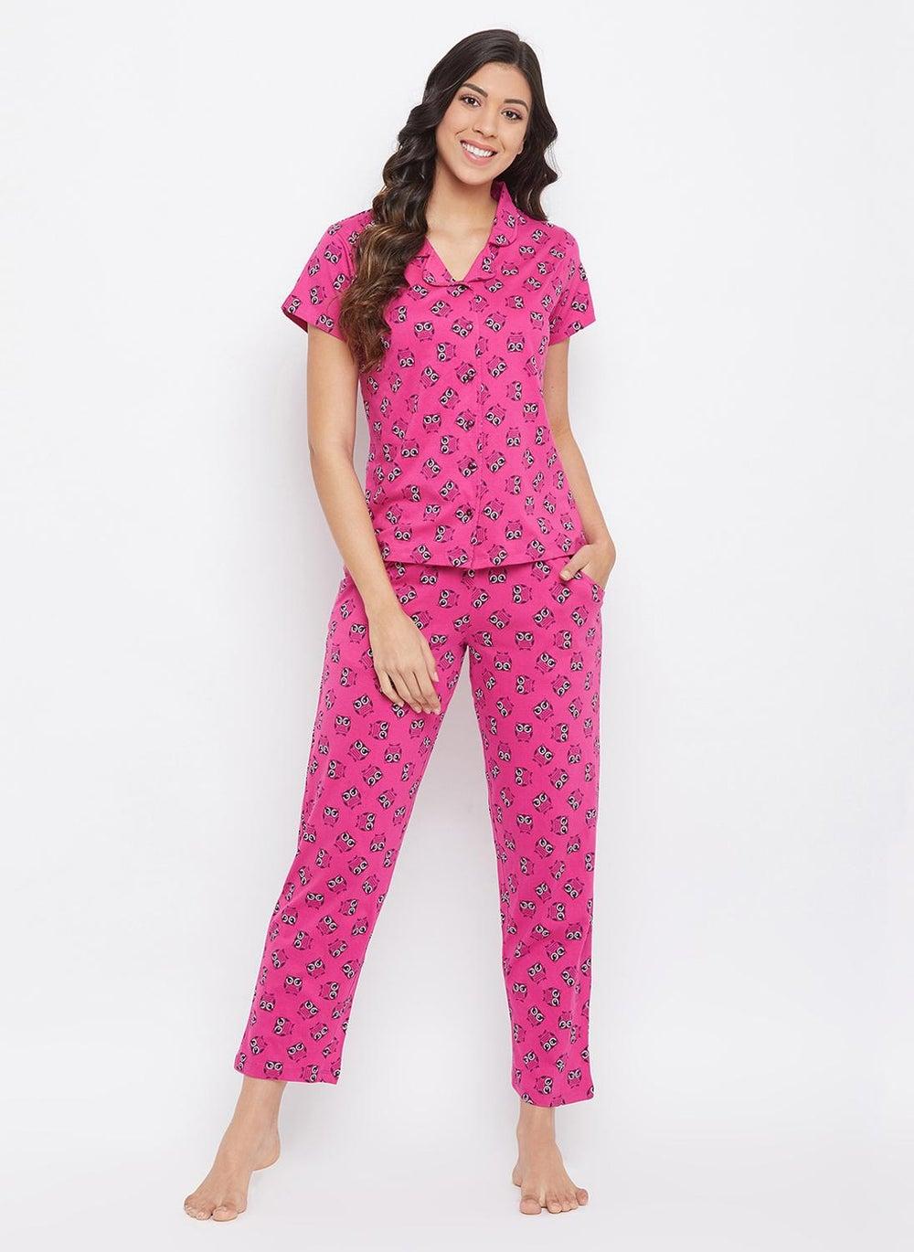 Clovia Magenta Owl Print Cotton Shirt & Pyjama Set - Image 1