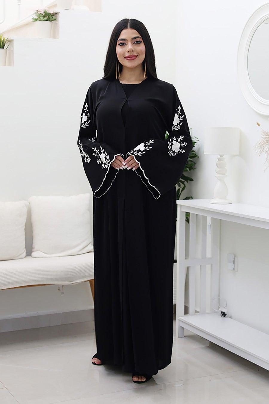 Black Blossom Abaya 768 with White Floral Embroidery - Image 1
