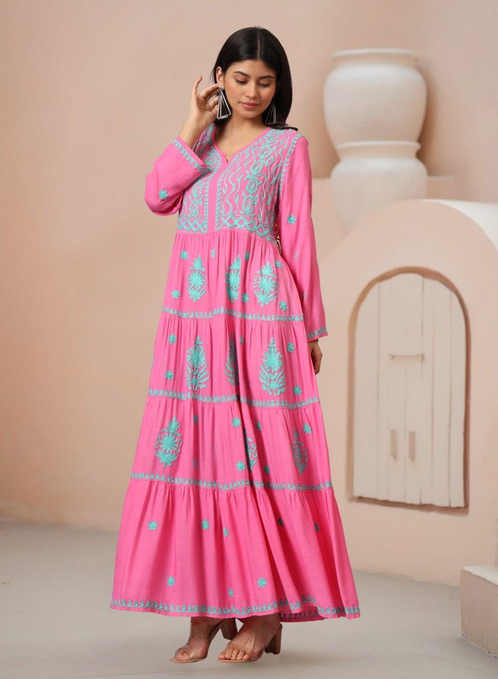 Hand Embroidered Lucknowi Chikankari Rayon Jalabiya AL3935 - Image 1