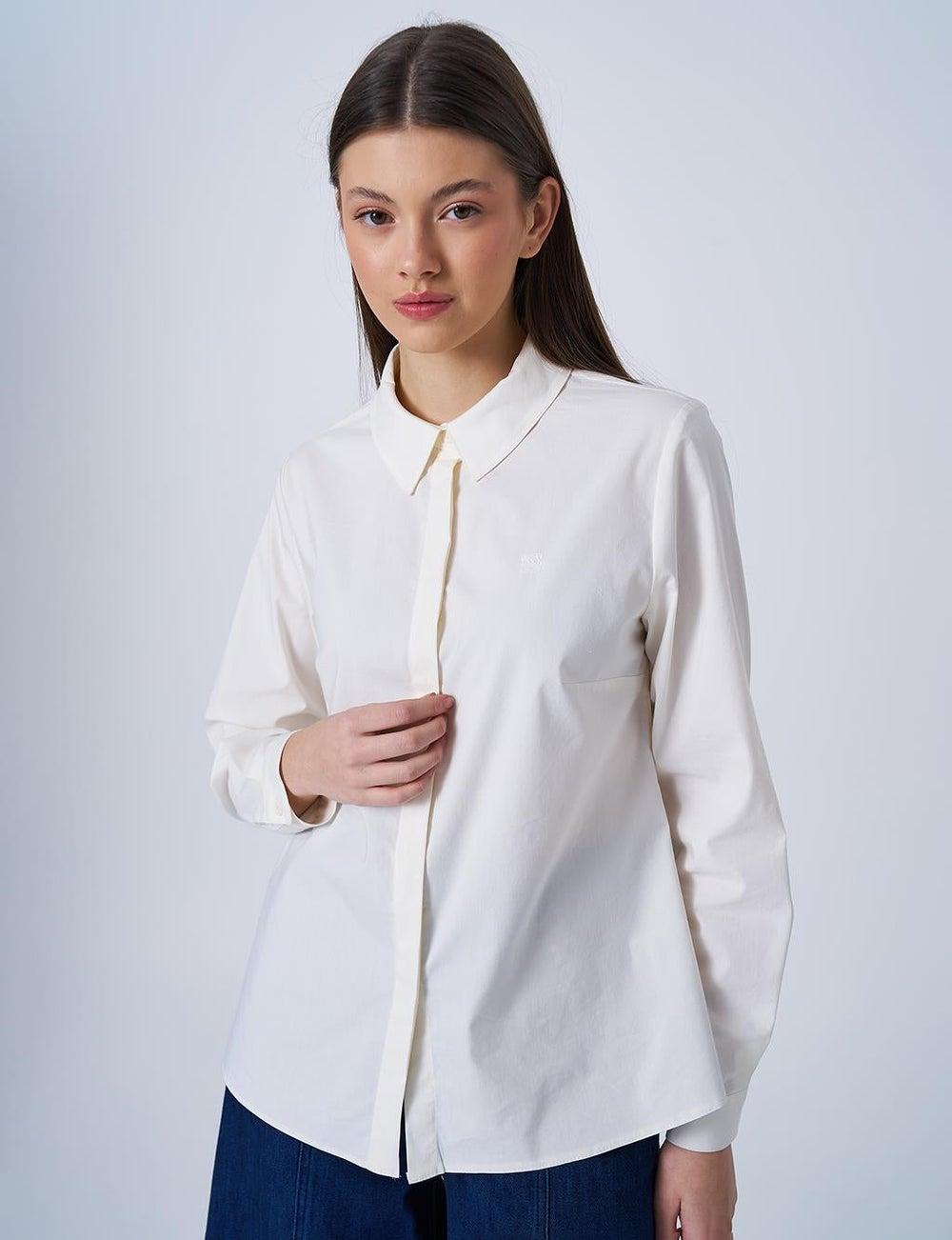 Ecru Shirt Collar Poplin Tunic with Pleated Cuffs - Image 1
