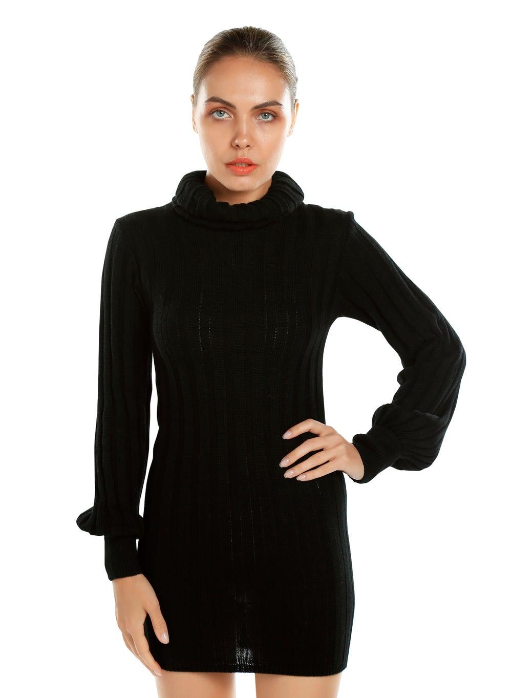 Black Turtleneck Bodycon Knit Mini Dress - Image 1