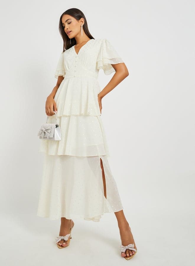 Tiered Flutter Sleeve Off-White Maxi Dress - Image 1