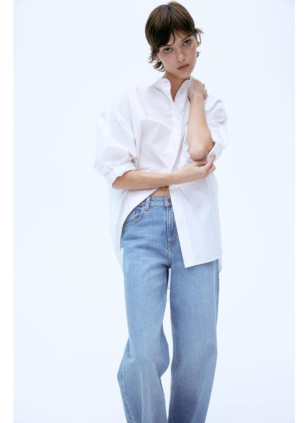 Wide High Jeans in Washed Cotton Denim - Image 1