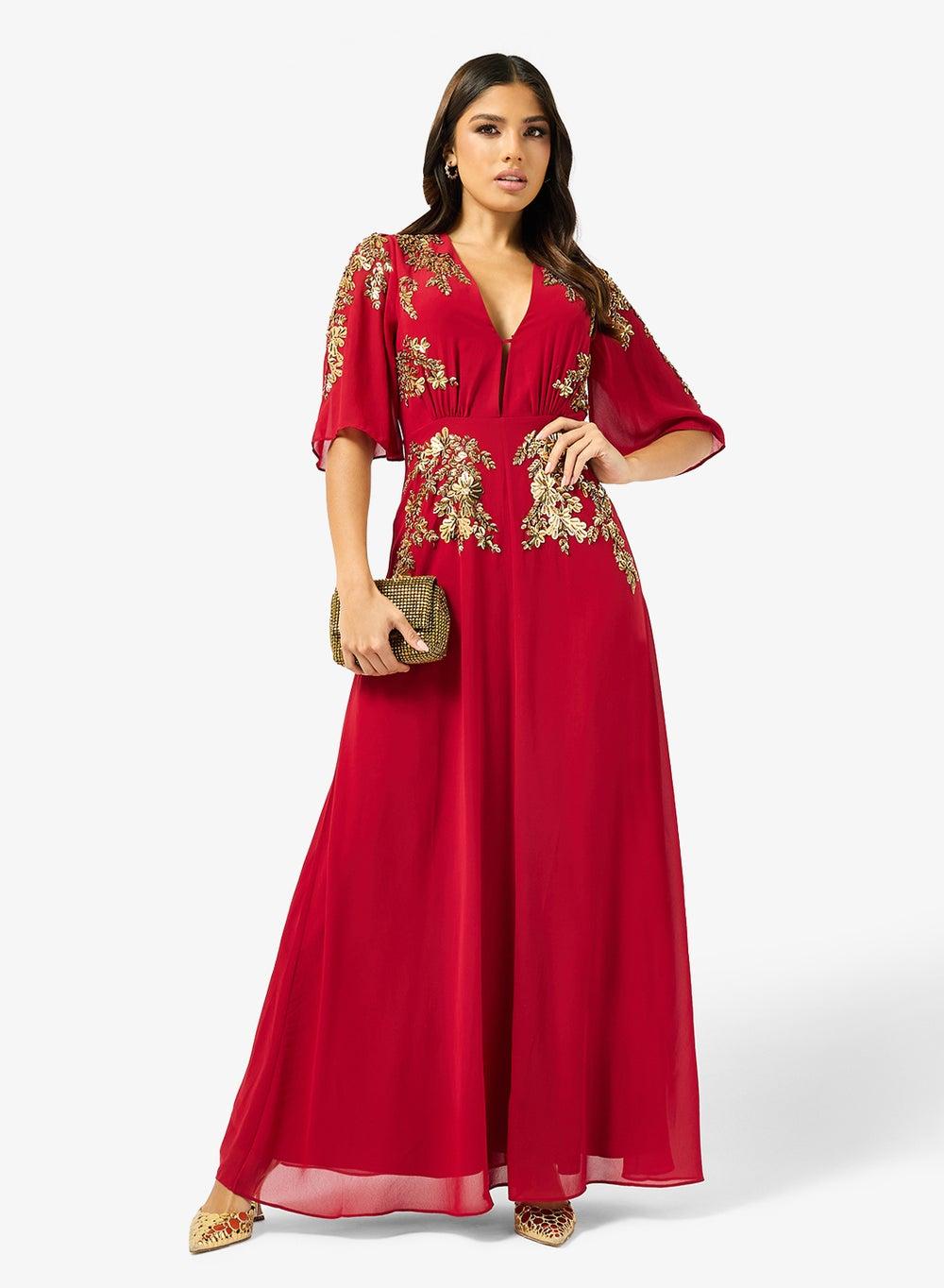 Gretal Plunge Front Embellished Flutter Sleeve Maxi Dress - Image 1