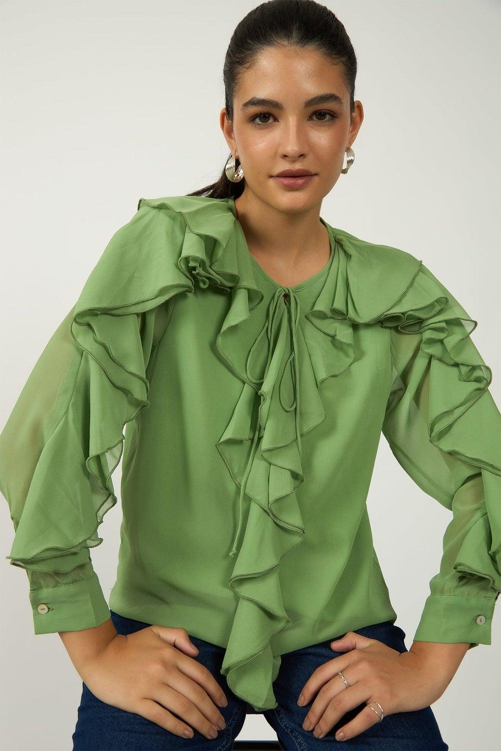VIRGIO Green Georgette Ruffle V-Neck Blouse - Image 1