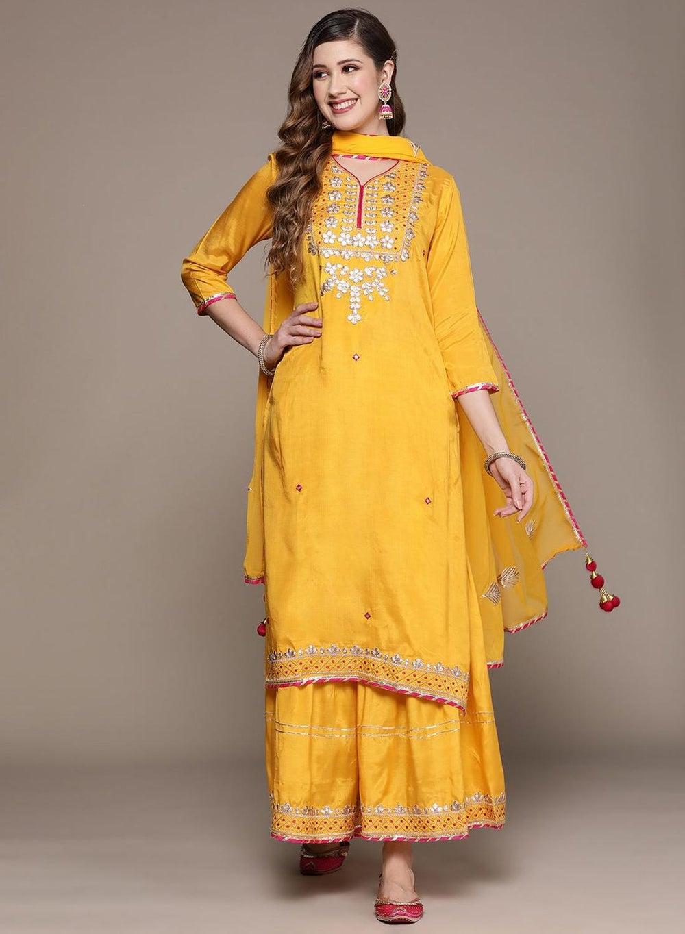 Yellow Cotton Self Design Full Length Palazzo Kurta Set - Image 1
