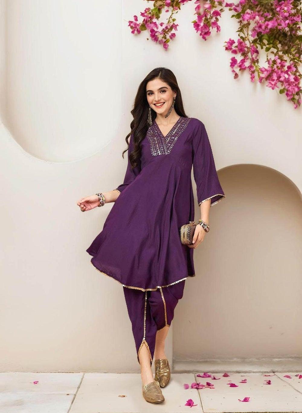 Lilac Cotton Self Design Full Length Palazzo Kurta Set - Image 1
