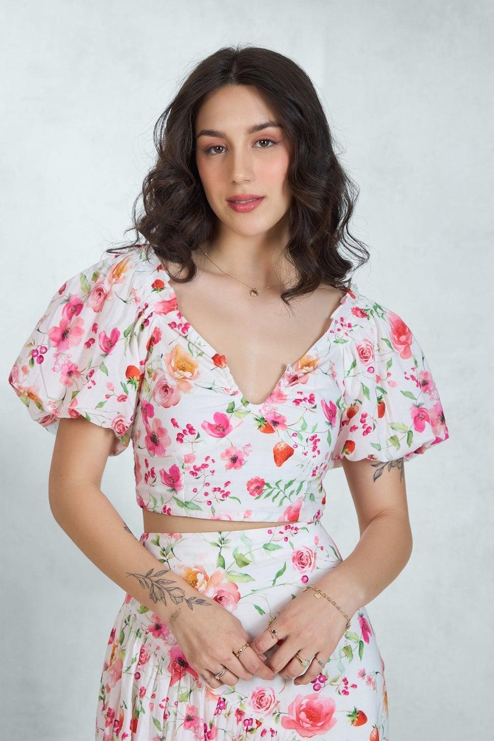 VIRGIO Cotton Floral Puff Sleeve Crop Top - Image 1